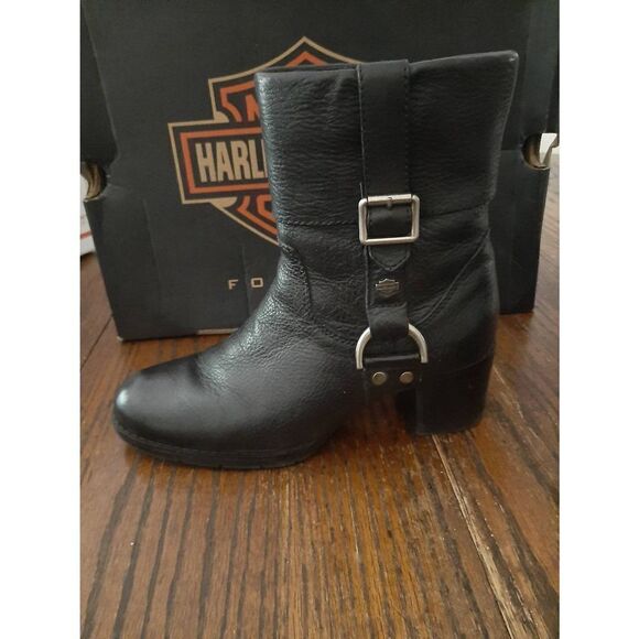 Size 6 Harley Davidson Black Leather Sadie Casual Cuff Boots Booties Chunky Heel - Picture 7 of 12